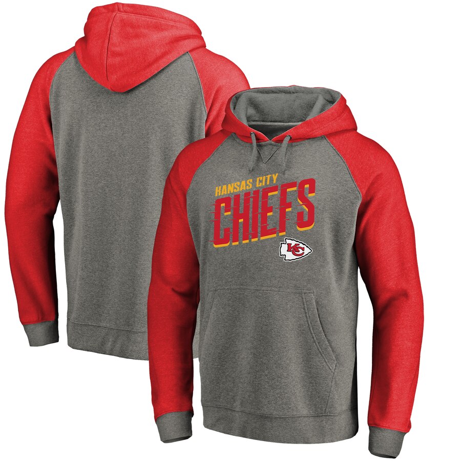 Men's Kansas City Chiefs Grey/Red Slant Strike Tri-Blend Raglan Pullover Hoodie